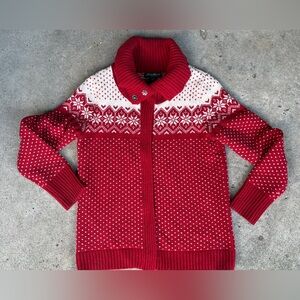 EDDIE BAUER red & white lambswool fair isle zip up cardigan sweater holiday sz L
